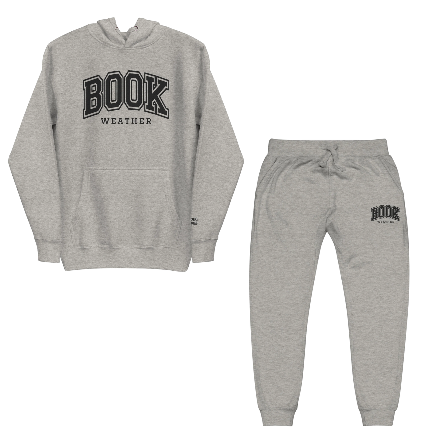 Cosmic Clothier Book Weather matching set, collegiate varsity hoodie and joggers in Carbon Grey