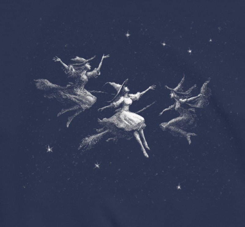 Illustration of a woman in a dress with two smaller figures on a dark blue background