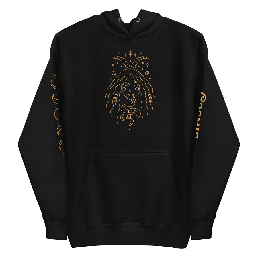 Black premium hoodie with bronze serpent seductress tarot artwork, front view
