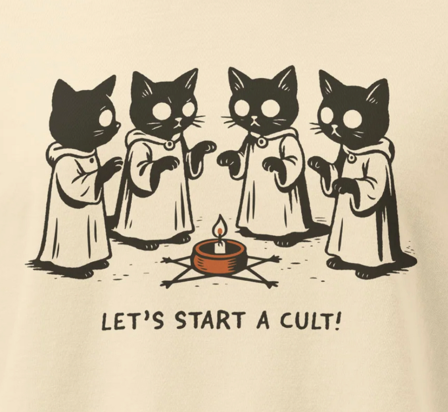 Funny cat boxy tee — four robed cats gathered around a campfire beneath. Women's graphic t-shirt, a great cat-lover gift.
