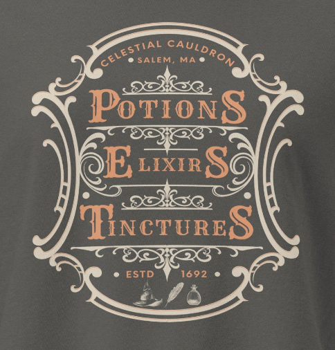 Witchy apothecary boxy tee — ornate Victorian apothecary label. Women's graphic t-shirt, a great witchy gift.