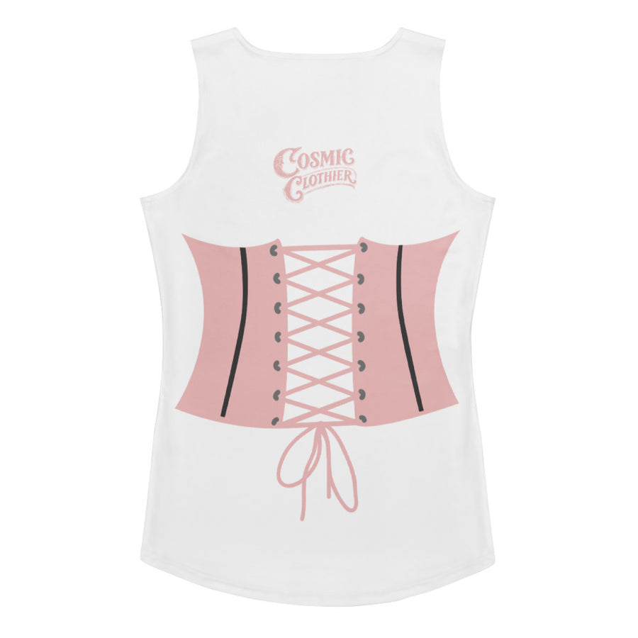 Back of the corset print tank top showing a pink lace-up corset with criss-cross ribbon and a bow