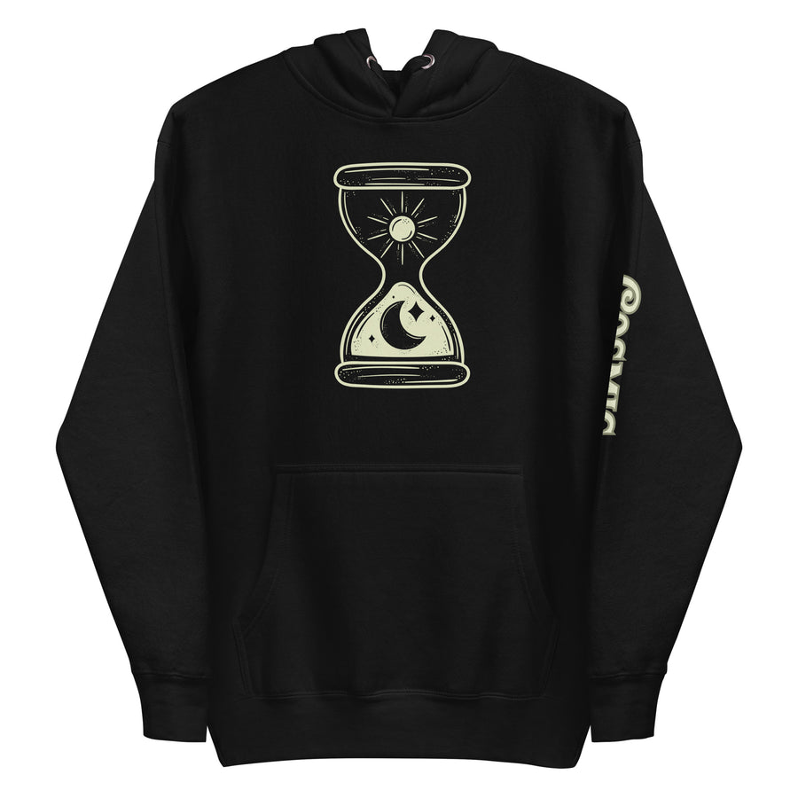 Celestial hoodie — cream line-art hourglass crowned with a sun, a crescent. Unisex graphic hoodie, a great celestial gift.