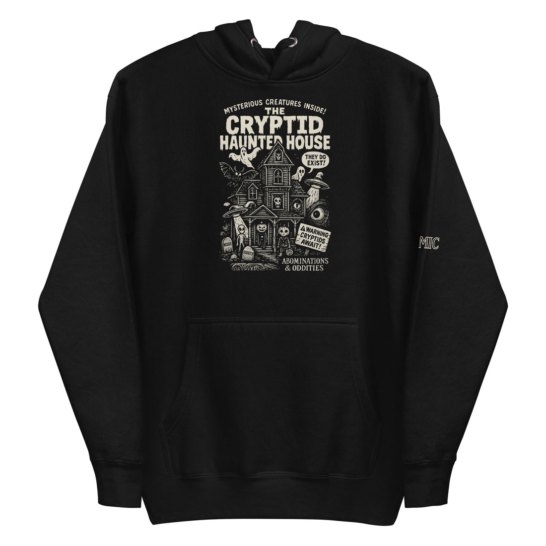 Cryptid Haunted House — black premium pullover hoodie, front view