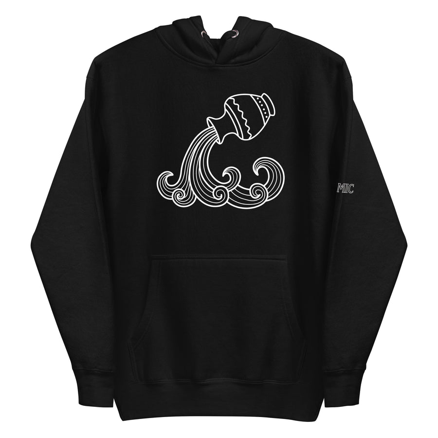 Aquarius zodiac hoodie — white art-nouveau vessel pouring a stylised curl of water. Unisex graphic hoodie, a great Aquarius gift.