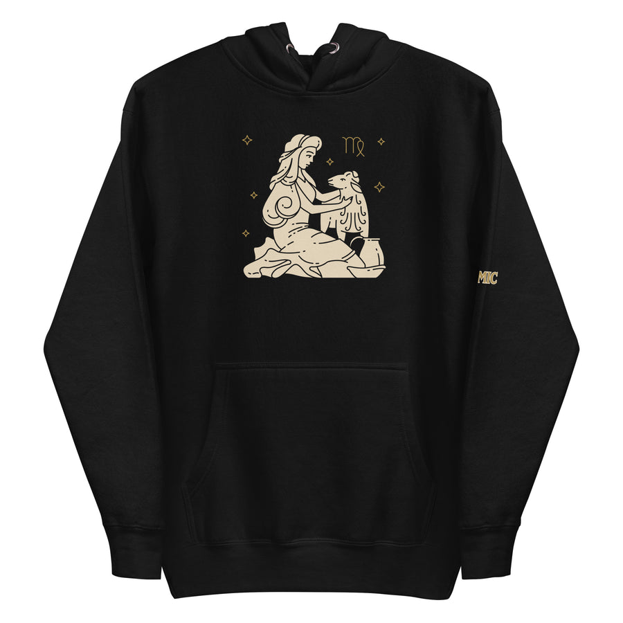Black premium pullover hoodie with Virgo zodiac artwork, front view