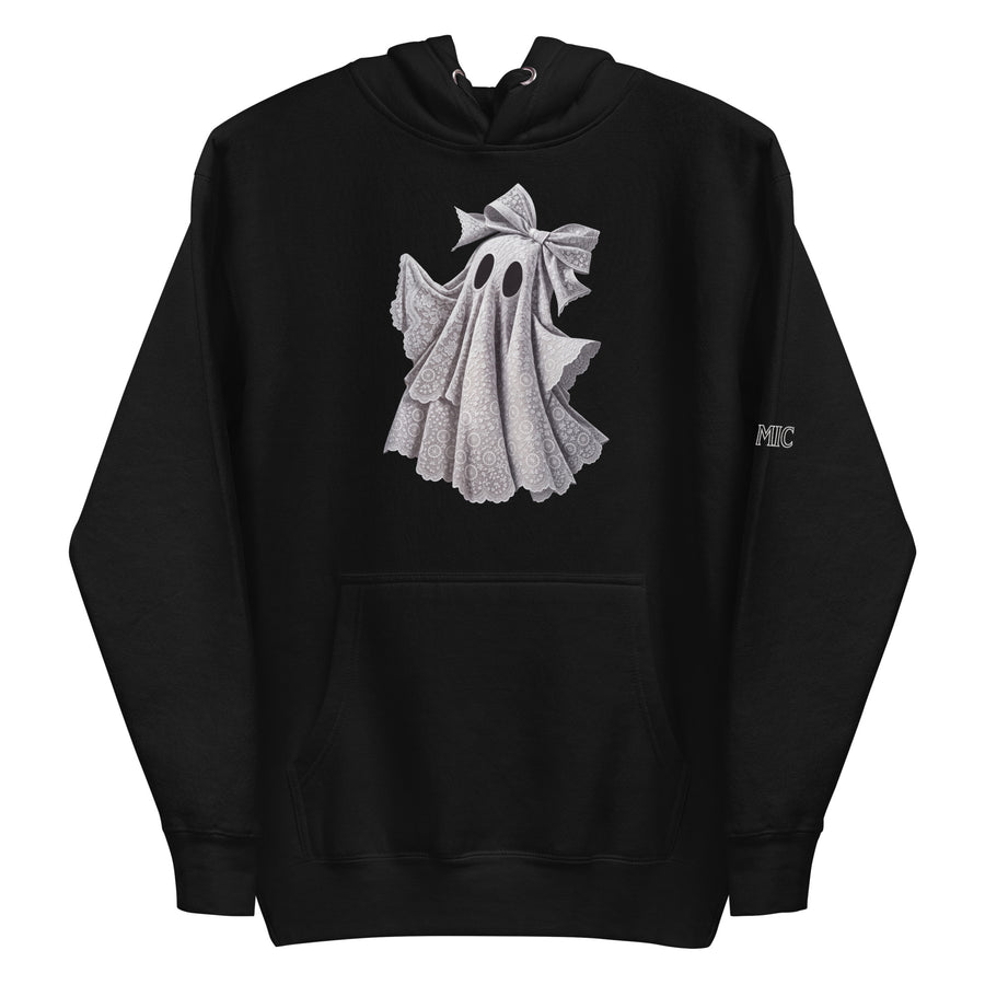 Coquette ghost hoodie — finely engraved sheet ghost with a soft bow perched on top. Unisex graphic hoodie, a great coquette gift.