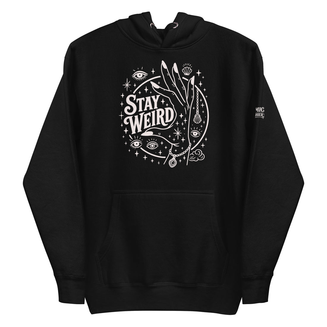 Witchy hoodie — 'Stay Weird' script wound through a crescent moon. Unisex graphic hoodie, a great witchy gift.