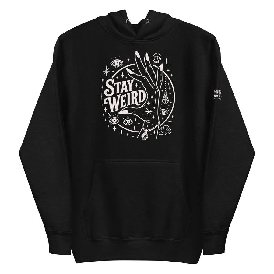Witchy hoodie — 'Stay Weird' script wound through a crescent moon. Unisex graphic hoodie, a great witchy gift.