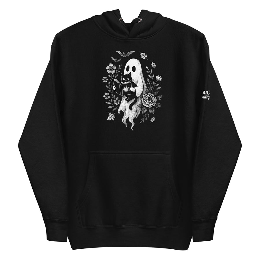 Bookish ghost hoodie — ghost reading a book aloud to a black cat, framed. Unisex graphic hoodie, a great book-lover gift.