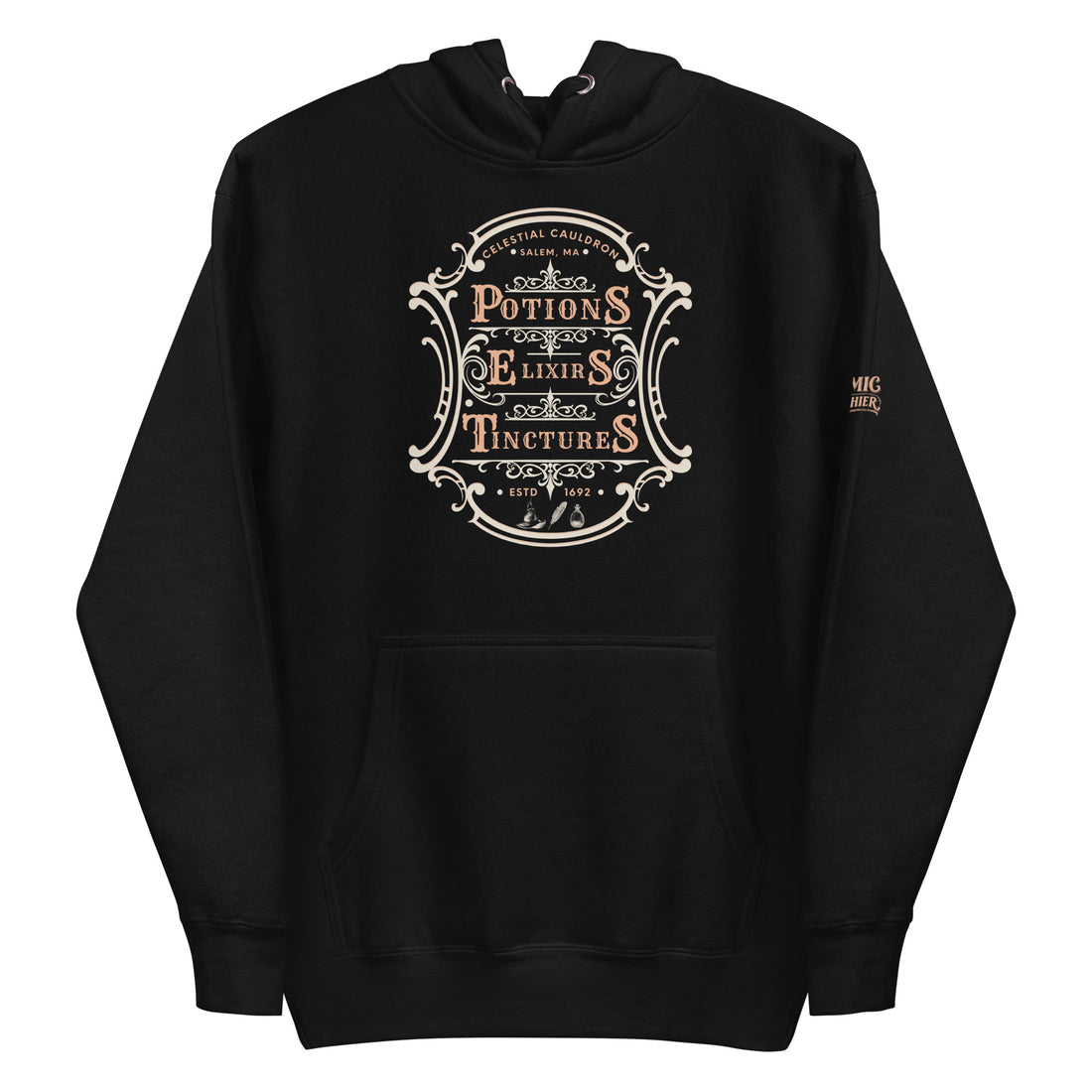 Witchy apothecary hoodie — ornate Victorian apothecary label. Unisex graphic hoodie, a great witchy gift.