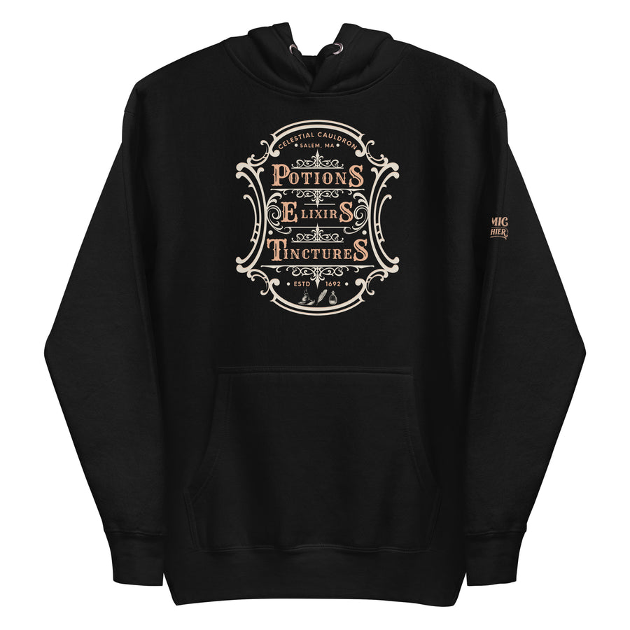 Witchy apothecary hoodie — ornate Victorian apothecary label. Unisex graphic hoodie, a great witchy gift.