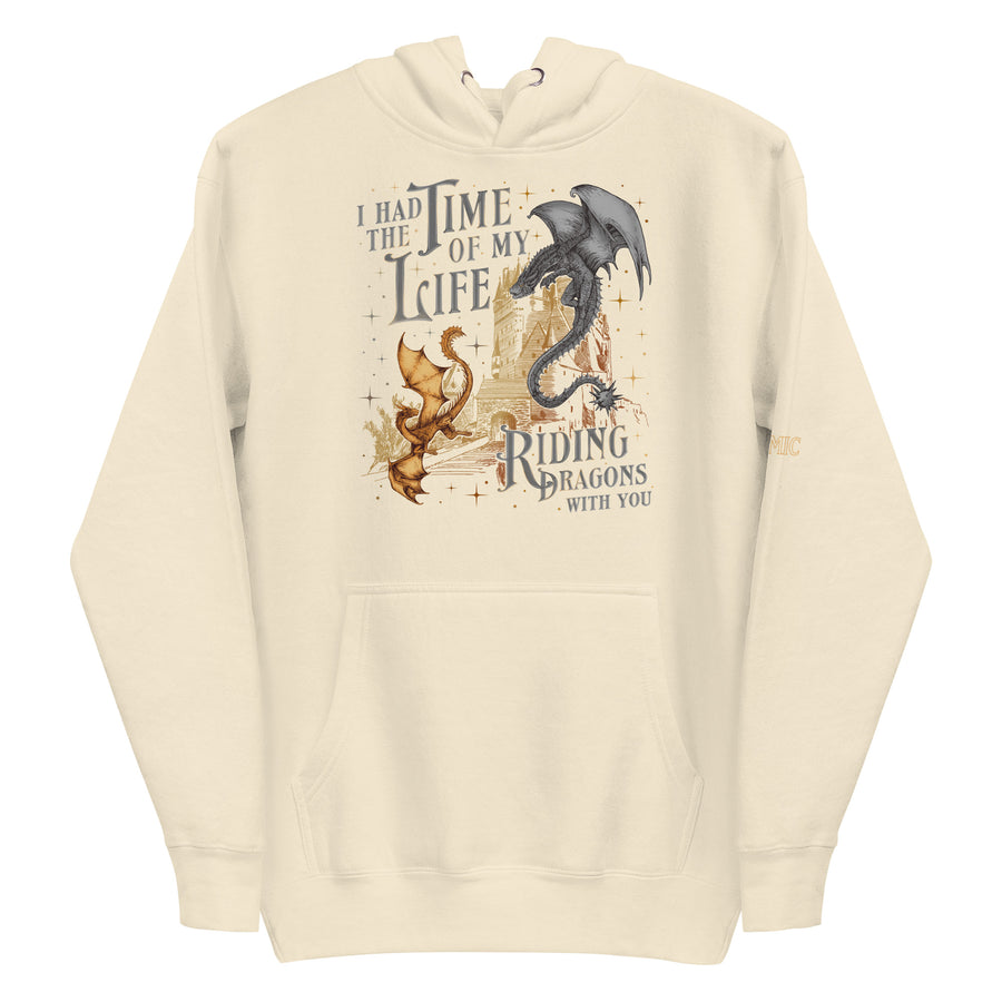 Romantasy hoodie — figure on a soaring dragon. Unisex graphic hoodie, a great romantasy gift.