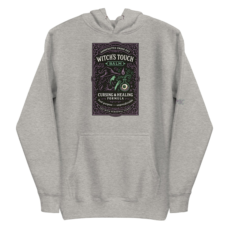 Witchy apothecary hoodie — dark vintage product label. Unisex graphic hoodie, a great witchy gift.