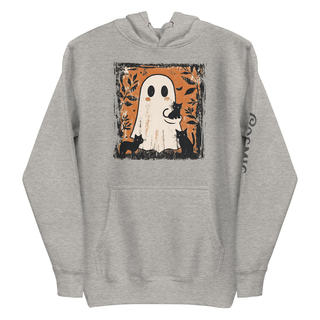 Vintage Halloween cat hoodie — distressed orange-framed vintage panel of a smiling ghost. Unisex graphic hoodie, a great Halloween gift.