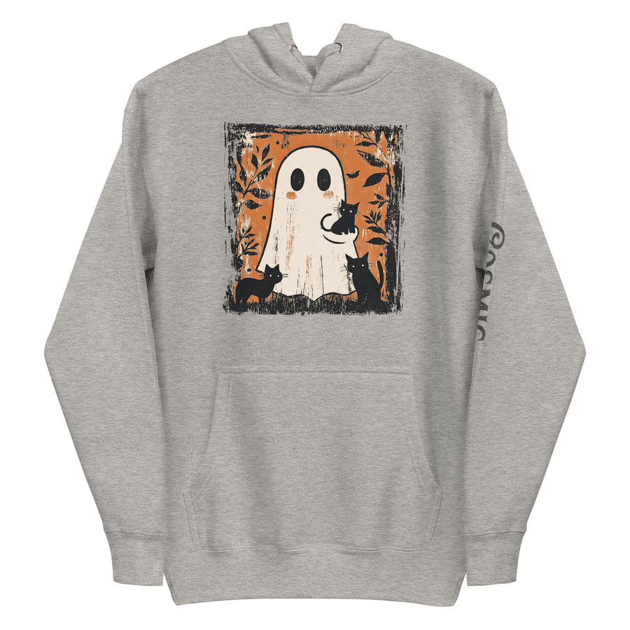 Vintage Halloween cat hoodie — distressed orange-framed vintage panel of a smiling ghost. Unisex graphic hoodie, a great Halloween gift.