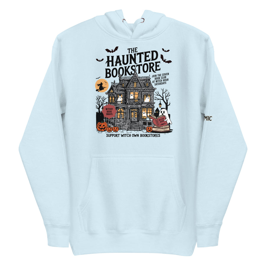 The Haunted Book Store — sky blue premium pullover hoodie, front view