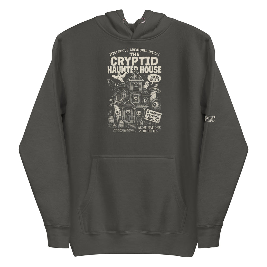 Cryptid Halloween hoodie — dense vintage attraction poster. Unisex graphic hoodie, a great cryptid gift.