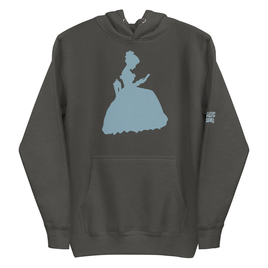 Victorian book lover hoodie — dusty-blue silhouette of a Victorian woman in a full. Unisex graphic hoodie, a great Victorian gift.