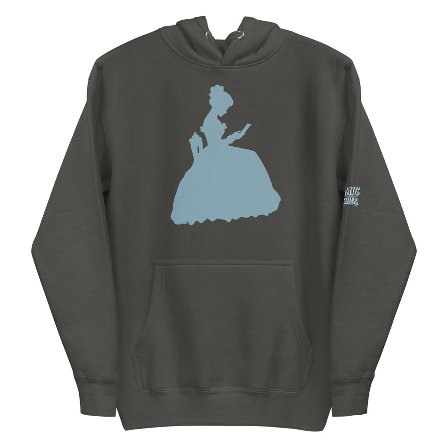 Victorian book lover hoodie — dusty-blue silhouette of a Victorian woman in a full. Unisex graphic hoodie, a great Victorian gift.