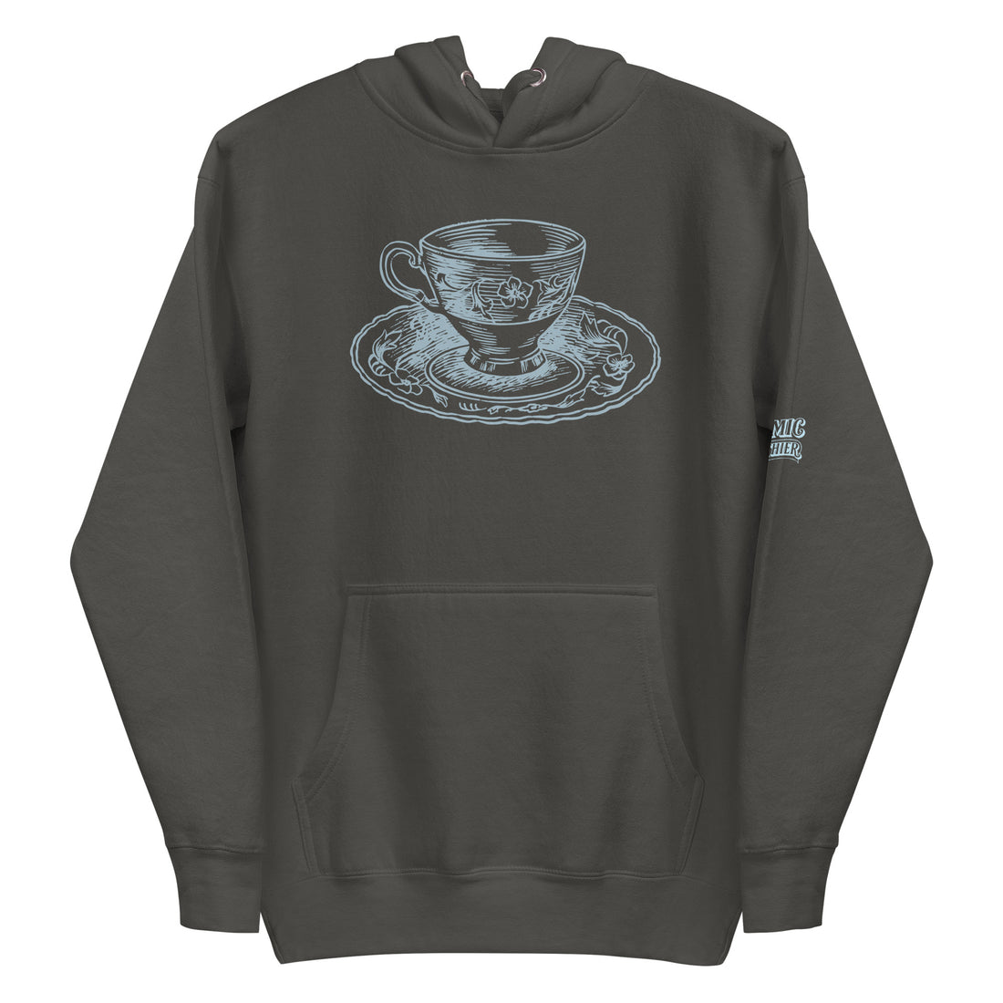 Cottagecore tea hoodie — dusty-blue ornate vintage teacup and saucer with fine. Unisex graphic hoodie, a great cottagecore gift.