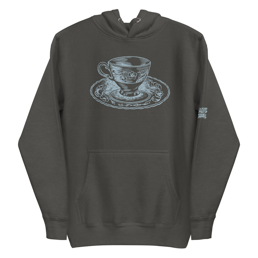 Cottagecore tea hoodie — dusty-blue ornate vintage teacup and saucer with fine. Unisex graphic hoodie, a great cottagecore gift.