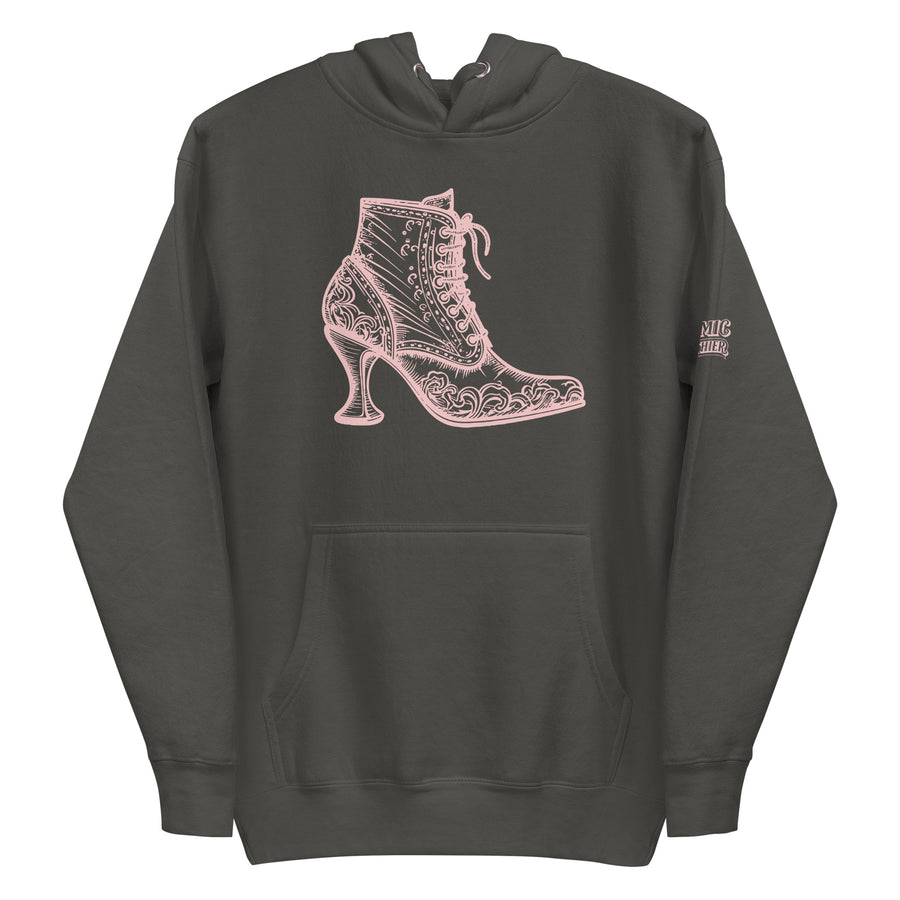 Coquette hoodie — pink line-art Victorian lace-up heeled boot covered. Unisex graphic hoodie, a great coquette gift.