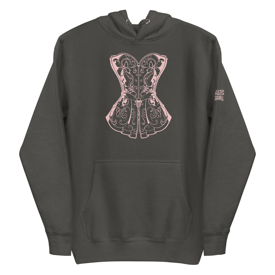 Coquette corset hoodie — ornate pink Victorian corset in fine filigree. Unisex graphic hoodie, a great coquette gift.