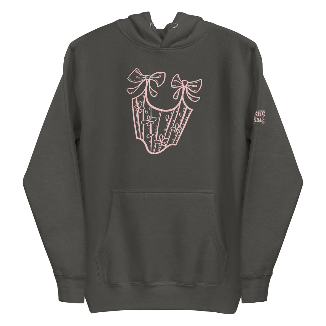 Coquette corset hoodie — pink line-art bustier laced tight with a soft bow tied. Unisex graphic hoodie, a great coquette gift.