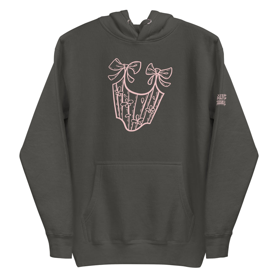 Coquette corset hoodie — pink line-art bustier laced tight with a soft bow tied. Unisex graphic hoodie, a great coquette gift.