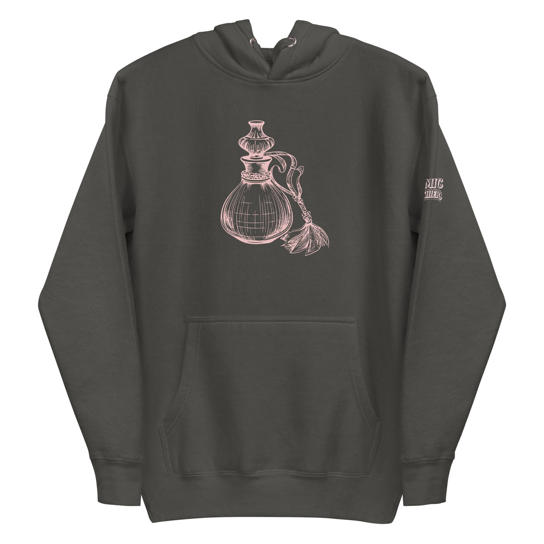Coquette hoodie — pink line drawing of an ornate antique perfume bottle. Unisex graphic hoodie, a great coquette gift.
