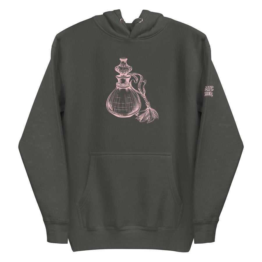 Coquette hoodie — pink line drawing of an ornate antique perfume bottle. Unisex graphic hoodie, a great coquette gift.
