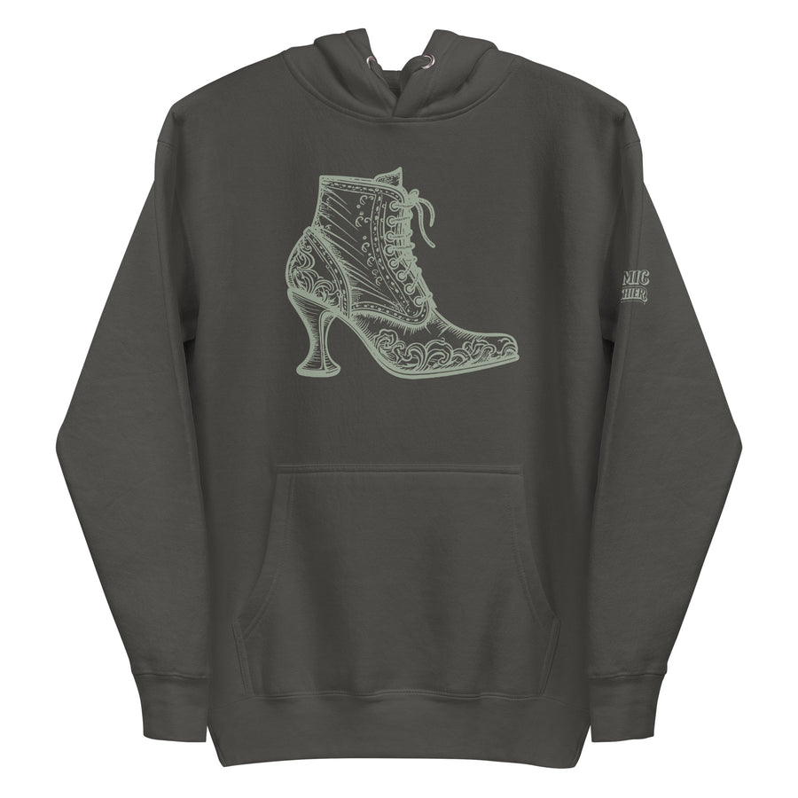 Coquette hoodie — sage-green line-art Victorian lace-up heeled boot covered. Unisex graphic hoodie, a great coquette gift.
