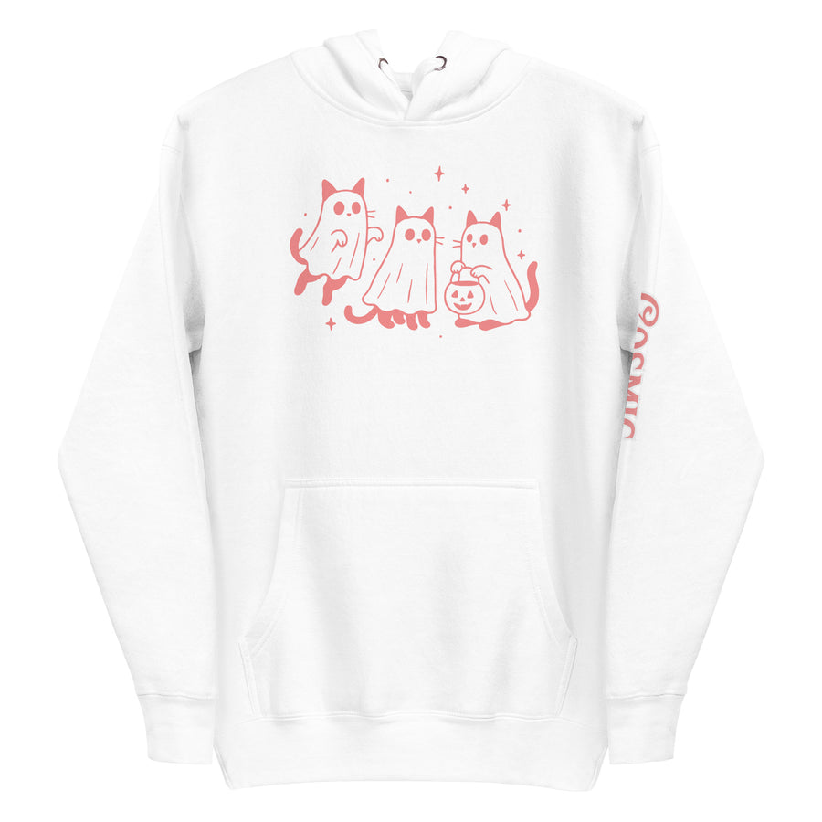 Halloween cat hoodie — three coral ghost-cats floating beside a little pumpkin. Unisex graphic hoodie, a great Halloween gift.