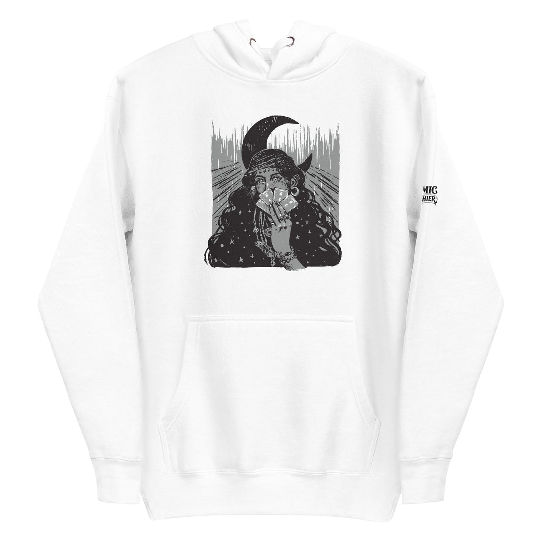 Tarot hoodie — black-and-white woodcut of a horned, long-haired reader. Unisex graphic hoodie, a great tarot gift.