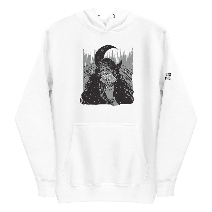 Tarot hoodie — black-and-white woodcut of a horned, long-haired reader. Unisex graphic hoodie, a great tarot gift.