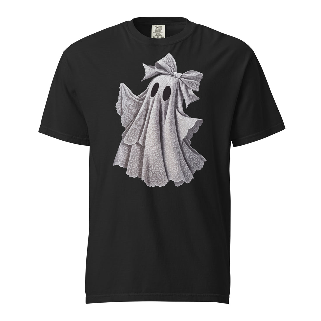 Lace Ghost — black garment-dyed heavyweight tee, front view
