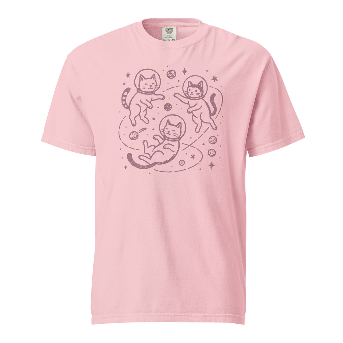 Space cat heavyweight tee — pink line-art kittens tumbling between planets, stars. Unisex graphic t-shirt, a great cat-lover gift.