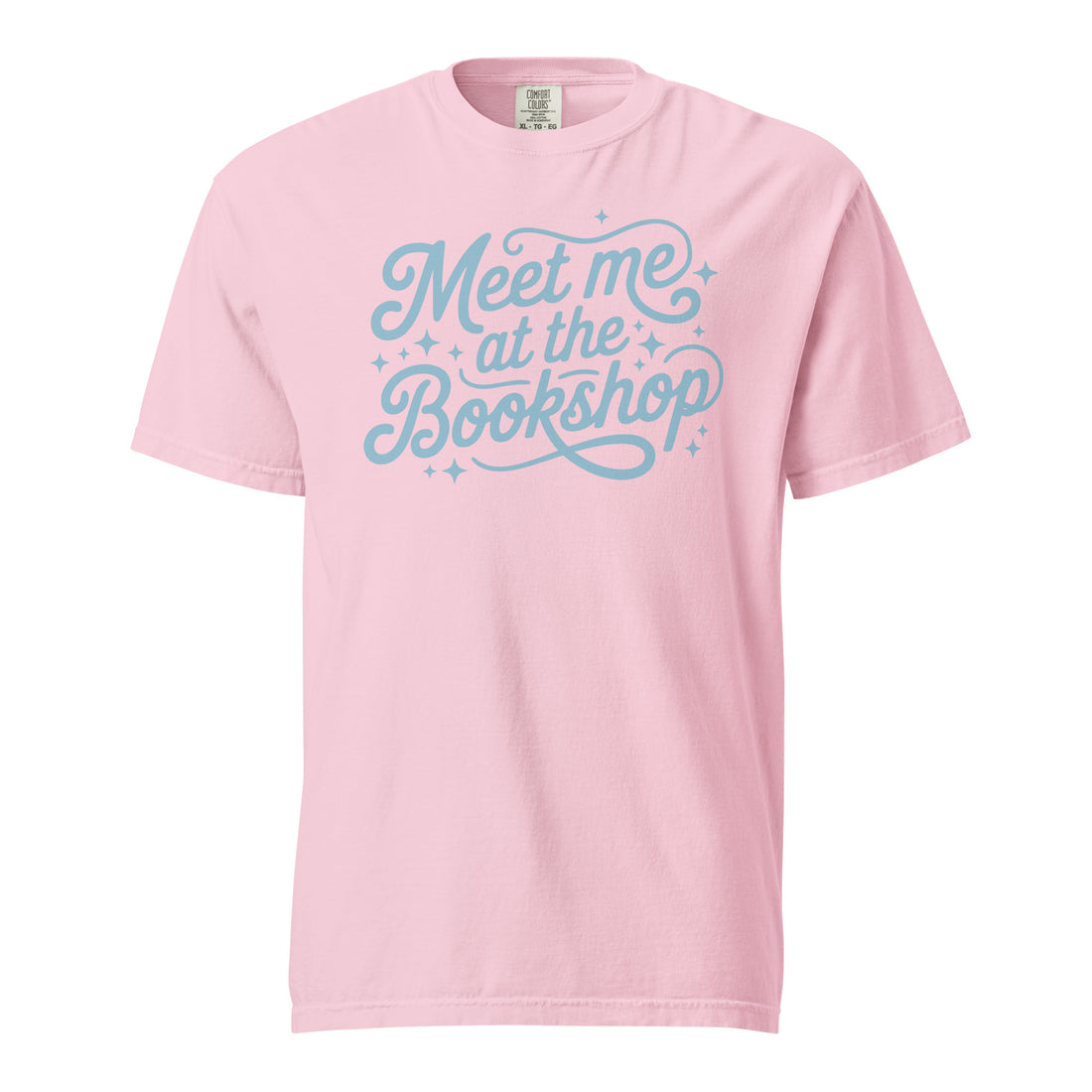 Meet Me at the Bookshop — blossom garment-dyed heavyweight tee, front view
