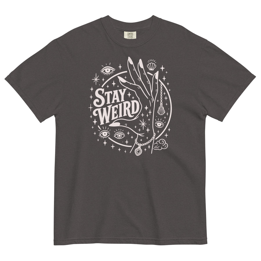 Witchy heavyweight tee — 'Stay Weird' script wound through a crescent moon. Unisex graphic t-shirt, a great witchy gift.