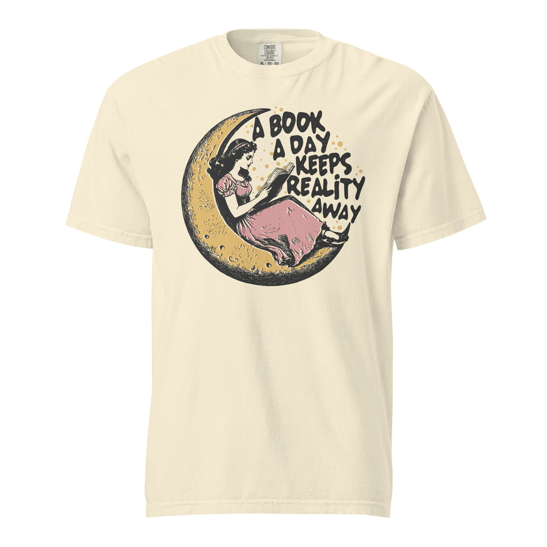 Book lover heavyweight tee — girl reclining on a crescent moon with a book. Unisex graphic t-shirt, a great book-lover gift.