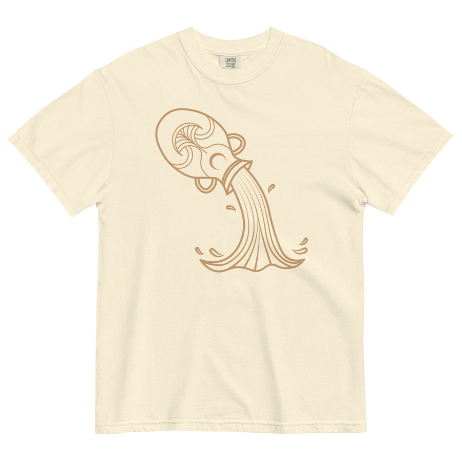 Aquarius zodiac heavyweight tee — gold one-continuous-line figure in a flowing robe pouring. Unisex graphic t-shirt, a great Aquarius gift.