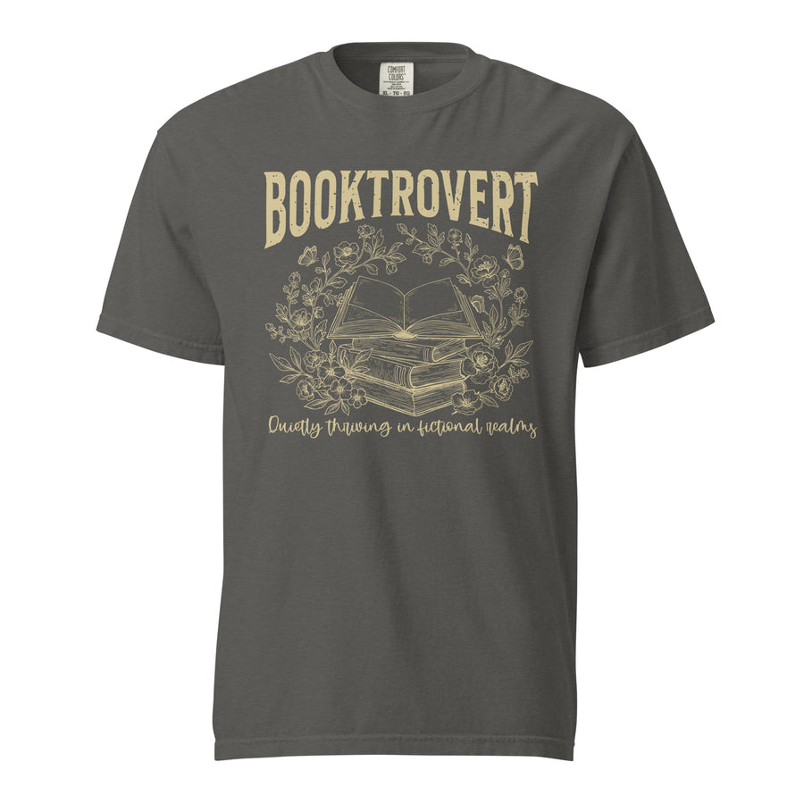 Booktrovert — pepper garment-dyed heavyweight tee, front view