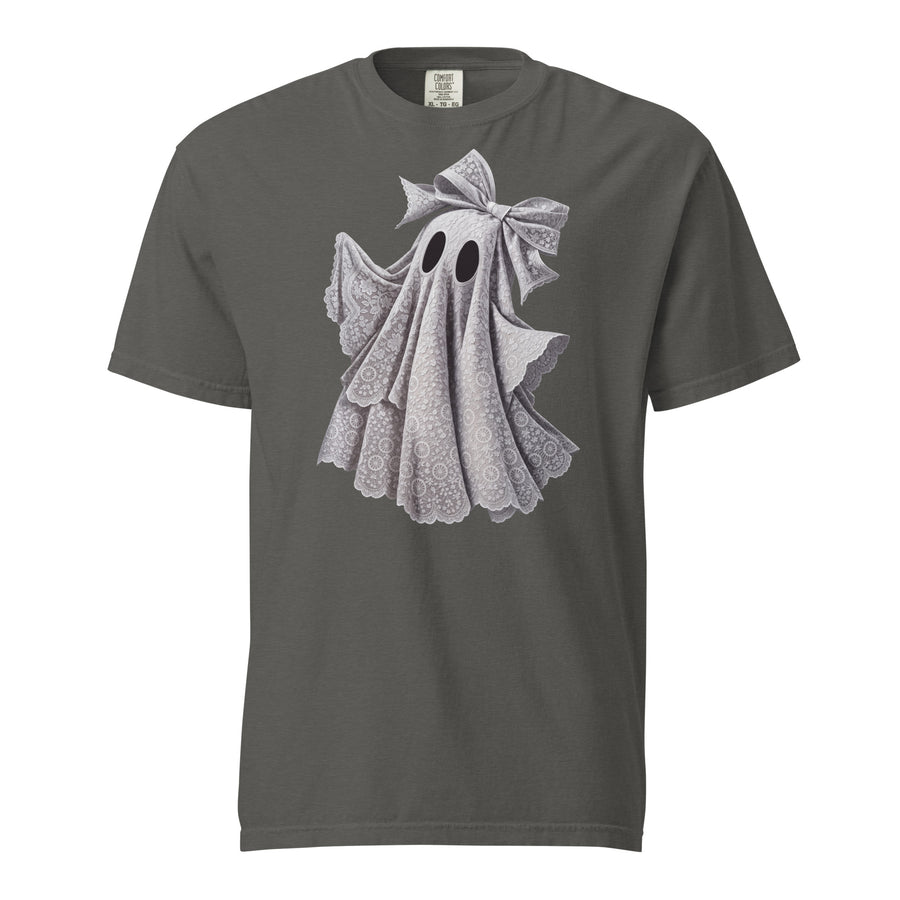 Coquette ghost heavyweight tee — finely engraved sheet ghost with a soft bow perched on top. Unisex graphic t-shirt, a great coquette gift.