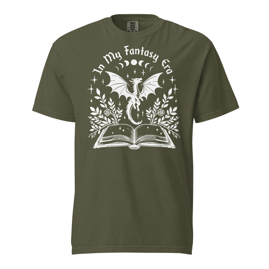 Romantasy heavyweight tee — 'In My Fantasy Era' arched over an open book. Unisex graphic t-shirt, a great romantasy gift.