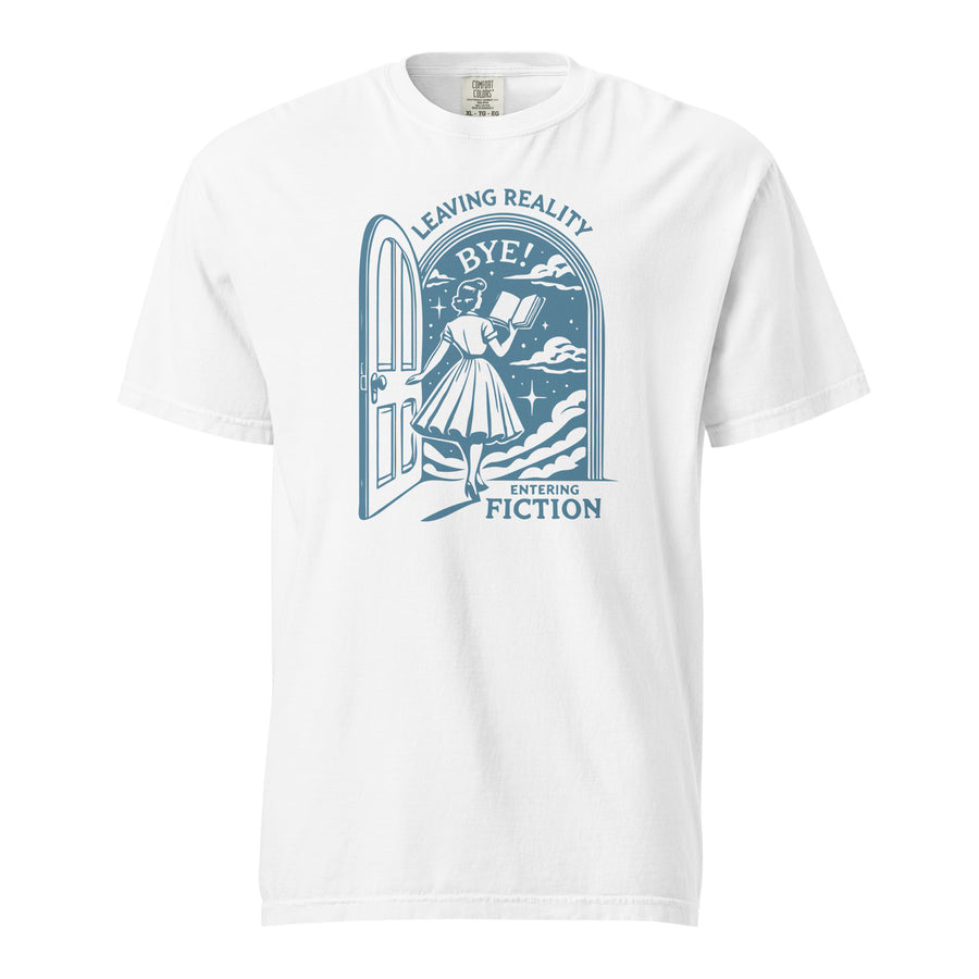 Bookish heavyweight tee — doorway-and-mirror badge. Unisex graphic t-shirt, a great book-lover gift.