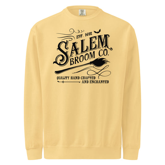Butter yellow Salem Broom Co sweatshirt with black vintage trade-sign art, est 1692 and a besom