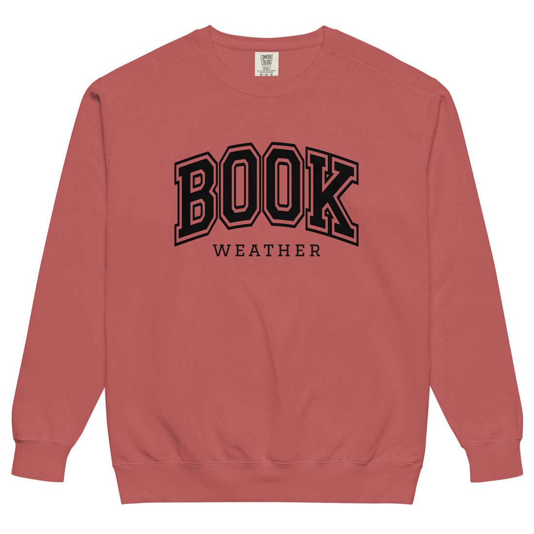 Book Weather — crimson garment-dyed sweatshirt, front view