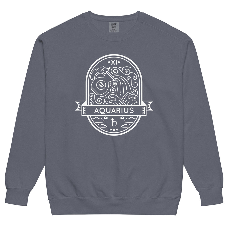Aquarius zodiac garment-dyed sweatshirt — fine-line arched badge with the Aquarius constellation. A great Aquarius gift.