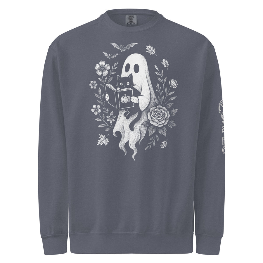 Bookish ghost garment-dyed sweatshirt — ghost reading a book aloud to a black cat, framed. Unisex graphic sweatshirt, a great book-lover gift.